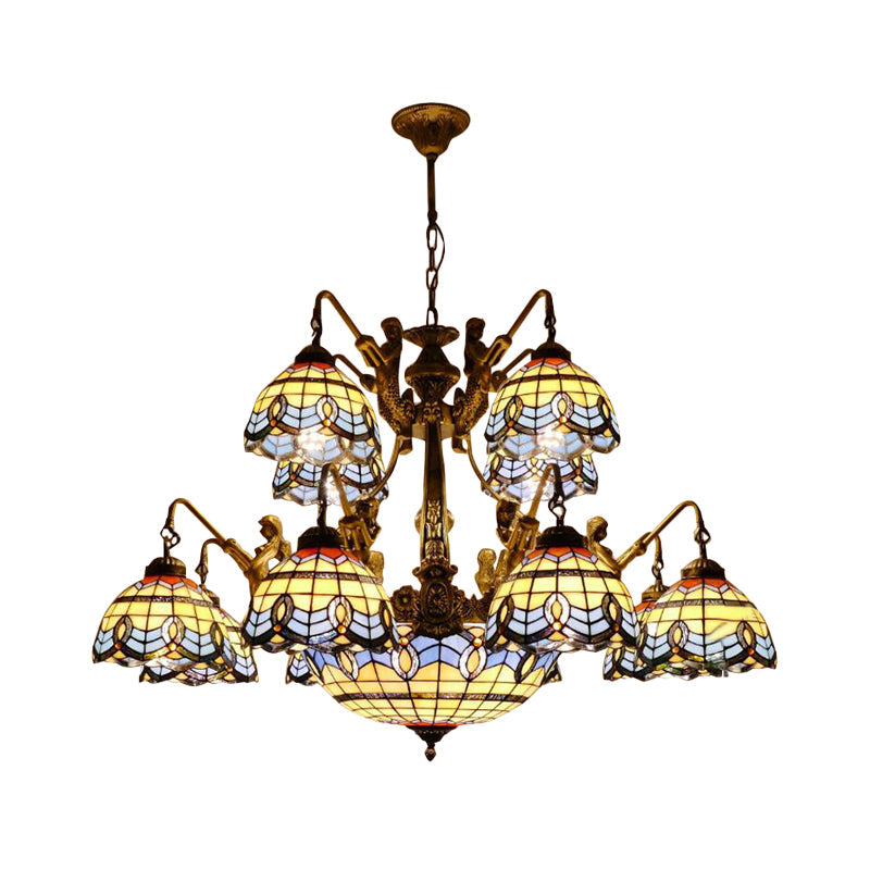 Blue Stained Glass Chandelier - Tiffany Style With 15 Lights And Baroque/Magnolia Pattern