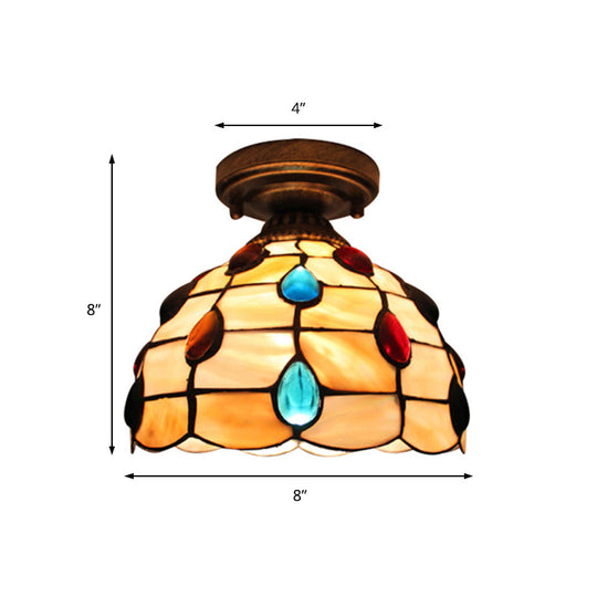 Tiffany Class Beige/Yellow Ceiling Light With Jewelry Shell – Restaurant Lattice Bowl Flush Fixture