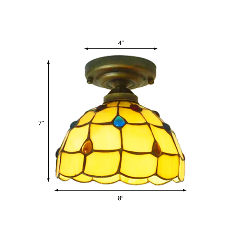 Tiffany Class Beige/Yellow Ceiling Light With Jewelry Shell – Restaurant Lattice Bowl Flush Fixture