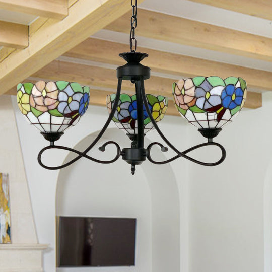 Tiffany Rustic Stained Glass Chandelier With Petal 3 Heads And Floral Pattern For Study Room Black
