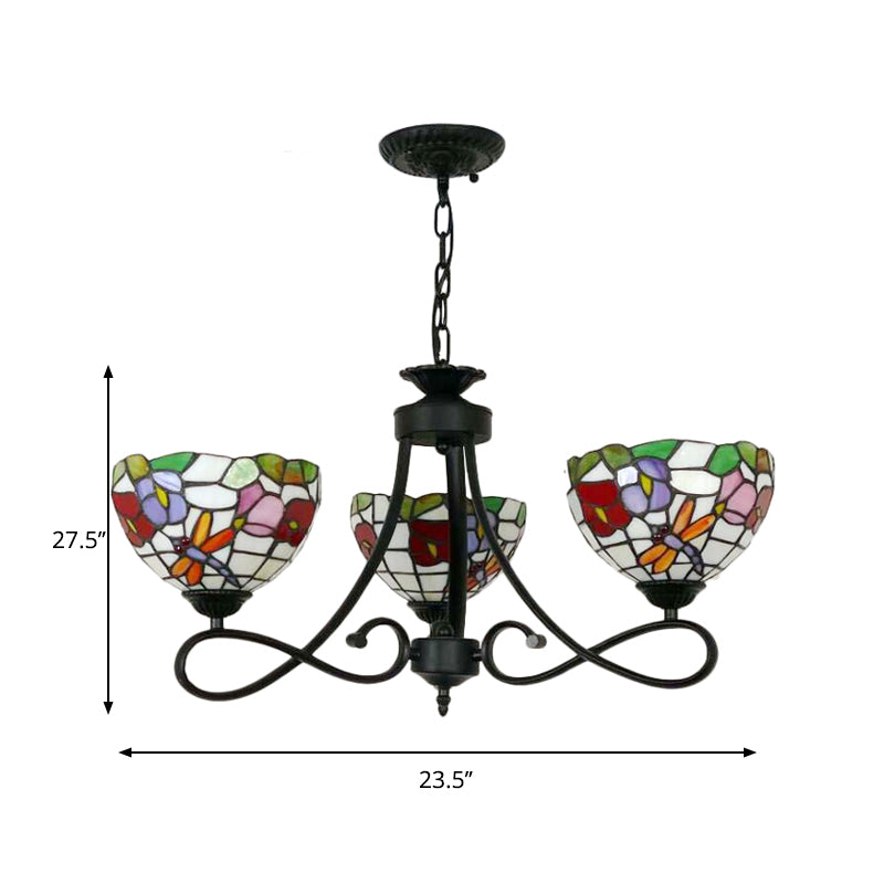 Tiffany Rustic Stained Glass Chandelier With Petal 3 Heads And Floral Pattern For Study Room