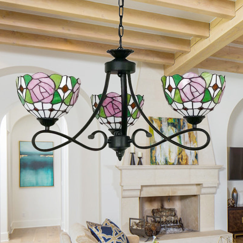Tiffany Rustic Stained Glass Chandelier With Petal 3 Heads And Floral Pattern For Study Room Black