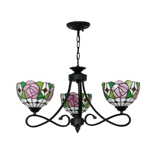 Tiffany Rustic Stained Glass Chandelier With Petal 3 Heads And Floral Pattern For Study Room