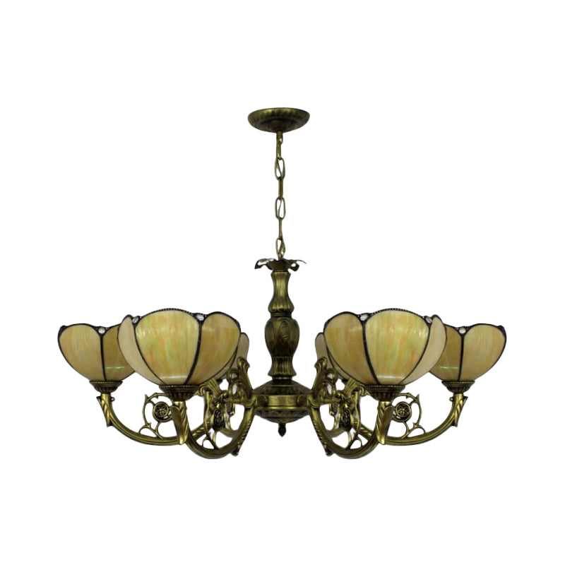 Traditional Tiffany Dome Hanging Light Chandelier In Yellow - 6/3 Bulbs Bedroom Décor