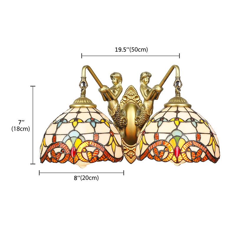 Brass Baroque Wall Sconce Light With 2 Beige Glass Heads And Mermaid Design