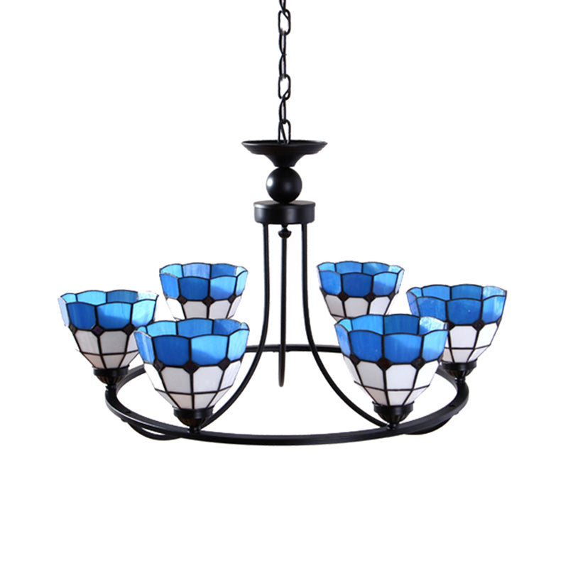 Tiffany Classic Chandelier: Metal Ring Suspension Light With Grid Bowl (6/8 Lights) In Blue And
