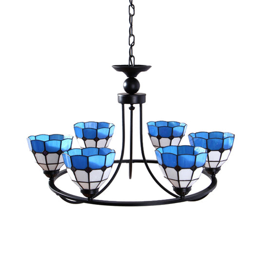 Tiffany Classic Chandelier: Metal Ring Suspension Light With Grid Bowl (6/8 Lights) In Blue And