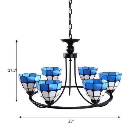 Blue & White Tiffany Classic Chandelier - Metal Ring Suspension Light With Grid Bowl (6/8 Lights)