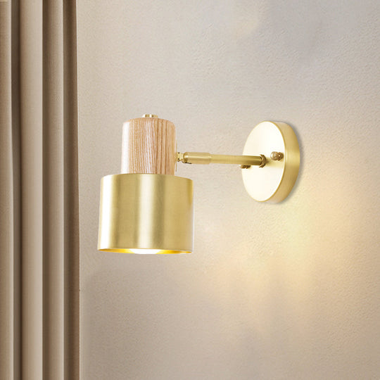 Colonial Metal Cylinder Wall Sconce With Wooden Top - Beige/Brown 1-Light Fixture For Bedroom