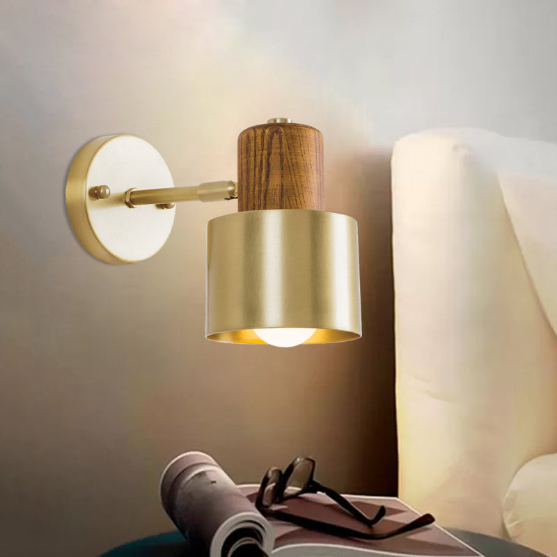 Colonial Metal Cylinder Wall Sconce With Wooden Top - Beige/Brown 1-Light Fixture For Bedroom