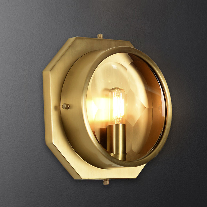 Colonial Octagon Wall Mounted Gold Sconce With Crystal Accent - 1 Head Metal Light Fixture For