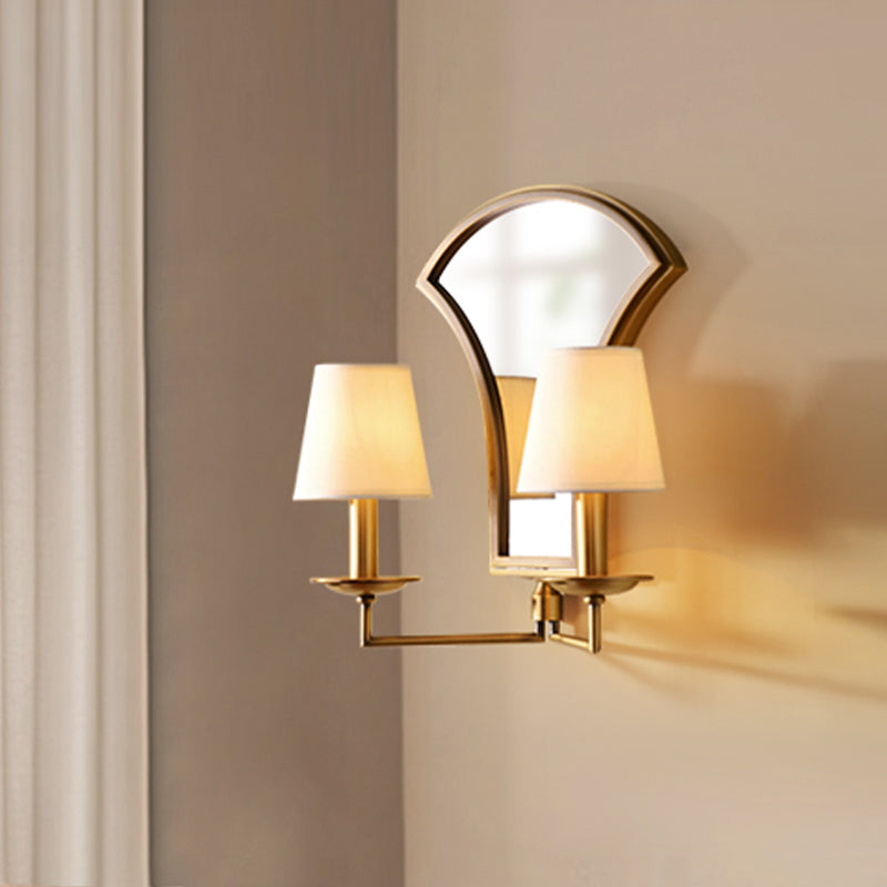 Gold Retro Candlestick Wall Lamp With 2 Bulbs And Mirror-Fabric Shade