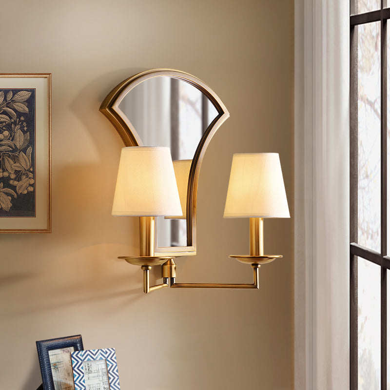 Gold Retro Candlestick Wall Lamp With 2 Bulbs And Mirror-Fabric Shade