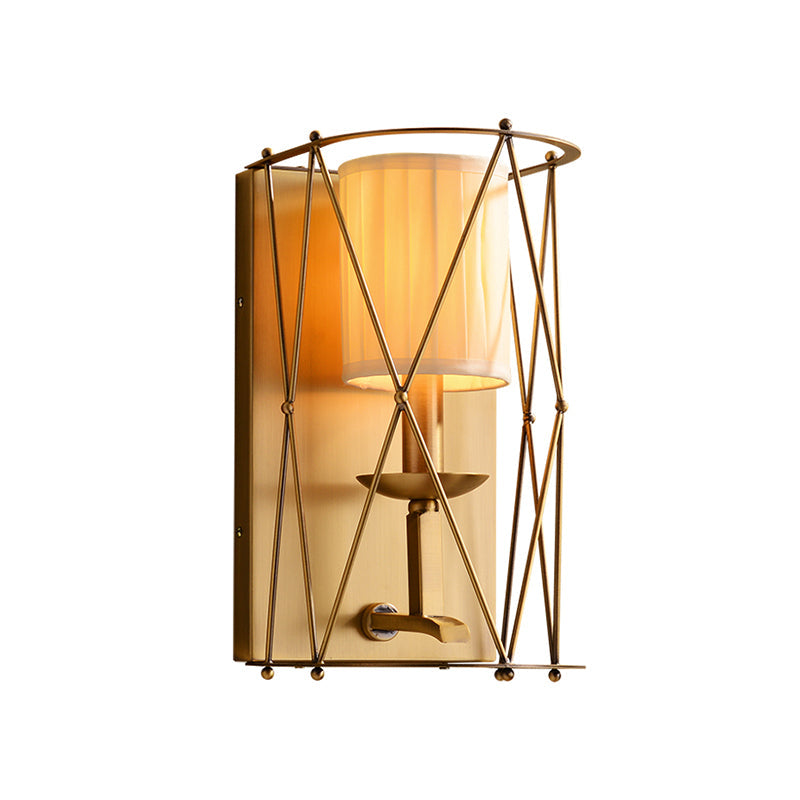 Gold Net Fabric Sconce For Lodges - Cylindrical Wall Lighting