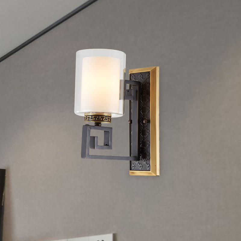 Traditional Antiqued Gold/Black Sconce With Dual Shade Pillar - Wall Mounted Light