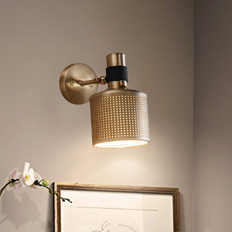 Gold Cylinder Bedroom Wall Lamp - Metal Sconce With Cutout Design