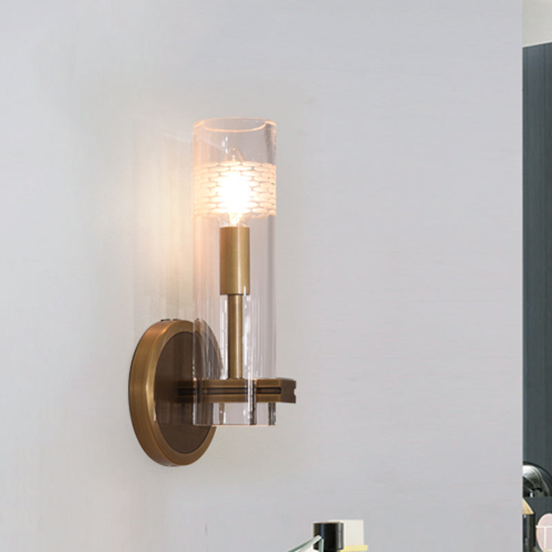 Colonialist Gold Wall Sconce With Clear Cylindrical Glass - Perfect For Living Room Lighting