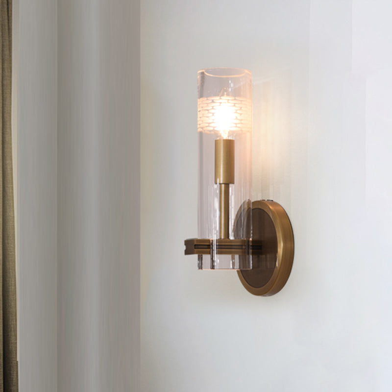 Colonialist Gold Wall Sconce With Clear Cylindrical Glass - Perfect For Living Room Lighting