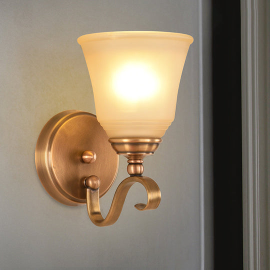 Frosted Glass Gold Wall Lamp 1/2-Light Sconce With Metal Curved Arm - Colonial Style