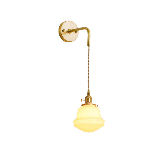 Gold Colonial Bell Sconce Lighting - Milky Glass Bedroom Wall Mounted Light Cord/Straight Arm 1 Bulb