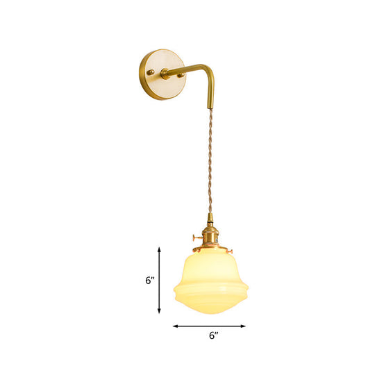 Gold Colonial Bell Sconce Lighting - Milky Glass Bedroom Wall Mounted Light Cord/Straight Arm 1 Bulb