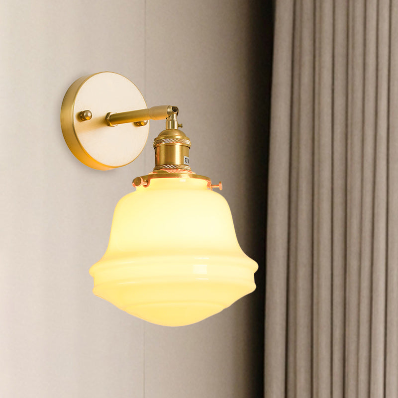 Gold Colonial Bell Sconce Lighting - Milky Glass Bedroom Wall Mounted Light Cord/Straight Arm 1 Bulb