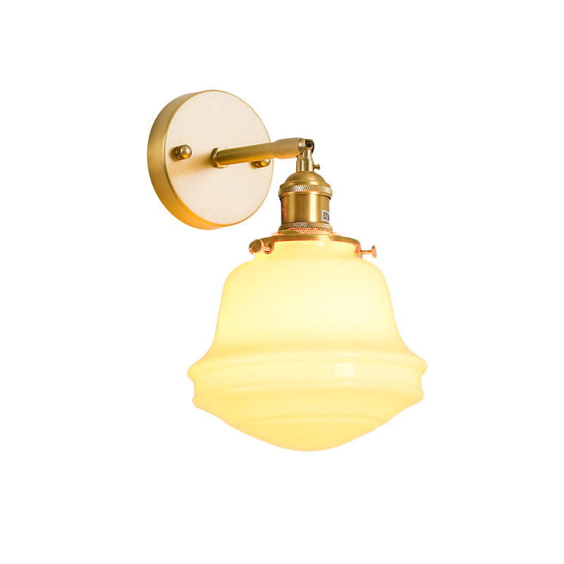 Gold Colonial Bell Sconce Lighting - Milky Glass Bedroom Wall Mounted Light Cord/Straight Arm 1 Bulb