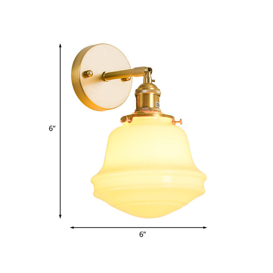 Gold Colonial Bell Sconce Lighting - Milky Glass Bedroom Wall Mounted Light Cord/Straight Arm 1 Bulb