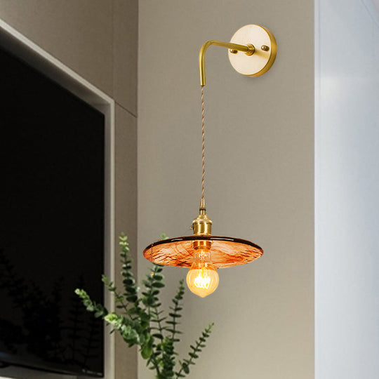 Gold Tan Glass 1-Light Wall Sconce Fixture Colonial Cone/Trapezoid/Flat Design For Living Room Cord
