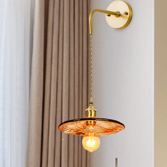 Gold Tan Glass 1-Light Wall Sconce Fixture Colonial Cone/Trapezoid/Flat Design For Living Room Cord