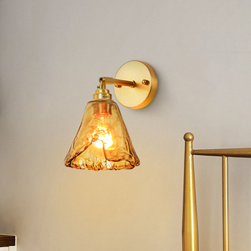 Colonial Wall Sconce In Tan Glass With Gold Saucer/Funnel Design - Bedroom Lighting Fixture