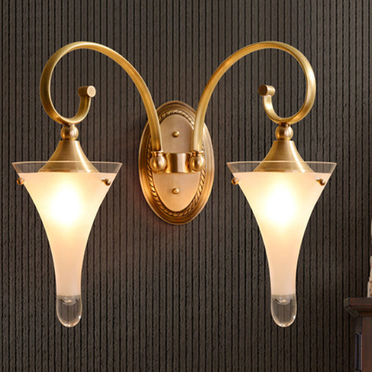 Colonial Gold Flared Wall Sconce With Frosted White Glass - Scrolled Arm Design