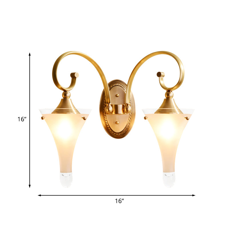 Colonial Gold Flared Wall Sconce With Frosted White Glass - Scrolled Arm Design