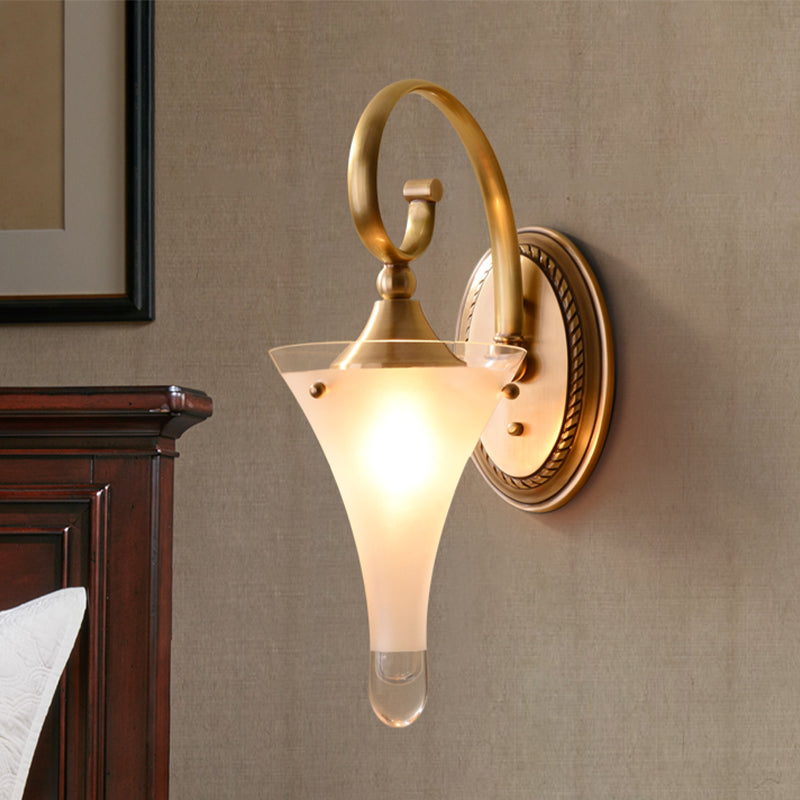 Colonial Gold Flared Wall Sconce With Frosted White Glass - Scrolled Arm Design 1 /