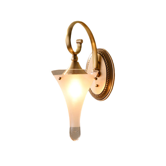 Colonial Gold Flared Wall Sconce With Frosted White Glass - Scrolled Arm Design
