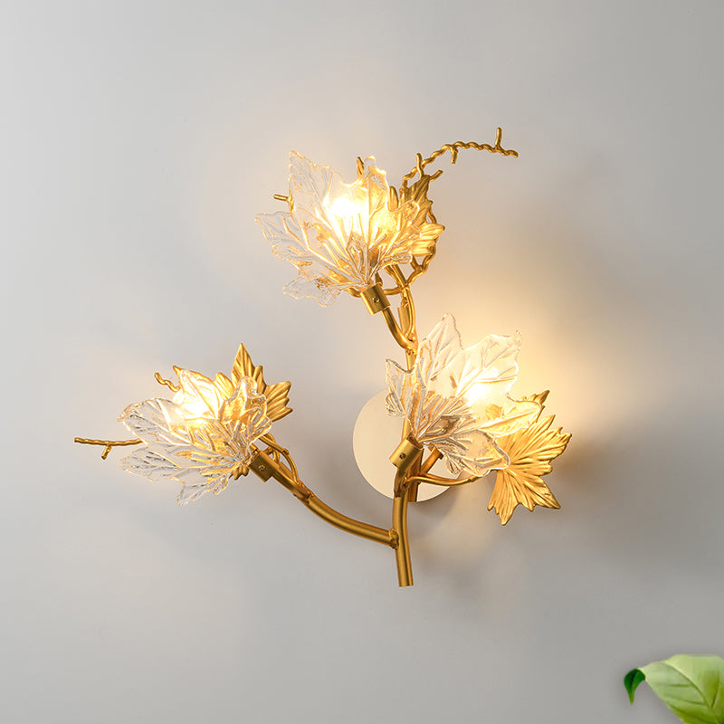 Maple Leaf Wall Lamp - 3-Light Clear Textured Glass Sconce In Gold For Bedroom