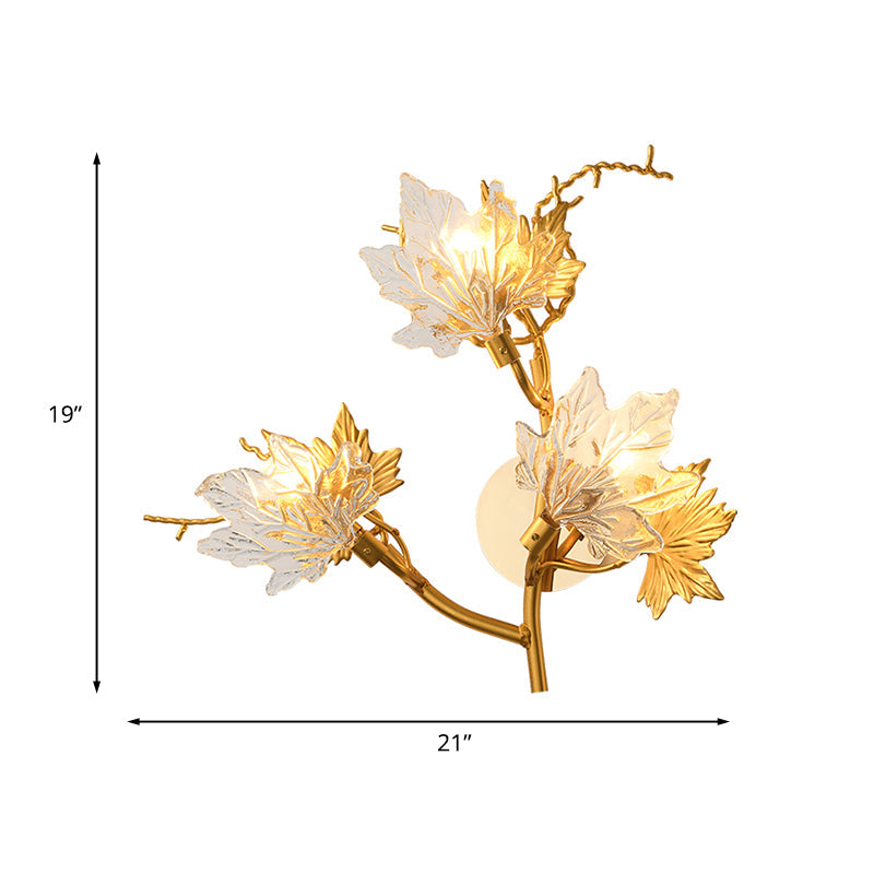 Maple Leaf Wall Lamp - 3-Light Clear Textured Glass Sconce In Gold For Bedroom