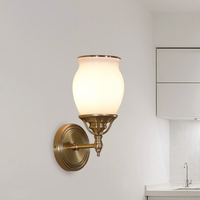 Opal Glass Colonial Sconce Lamp 1-Bulb Wall Light Fixture With Brass Finish - Metal Accents Ideal