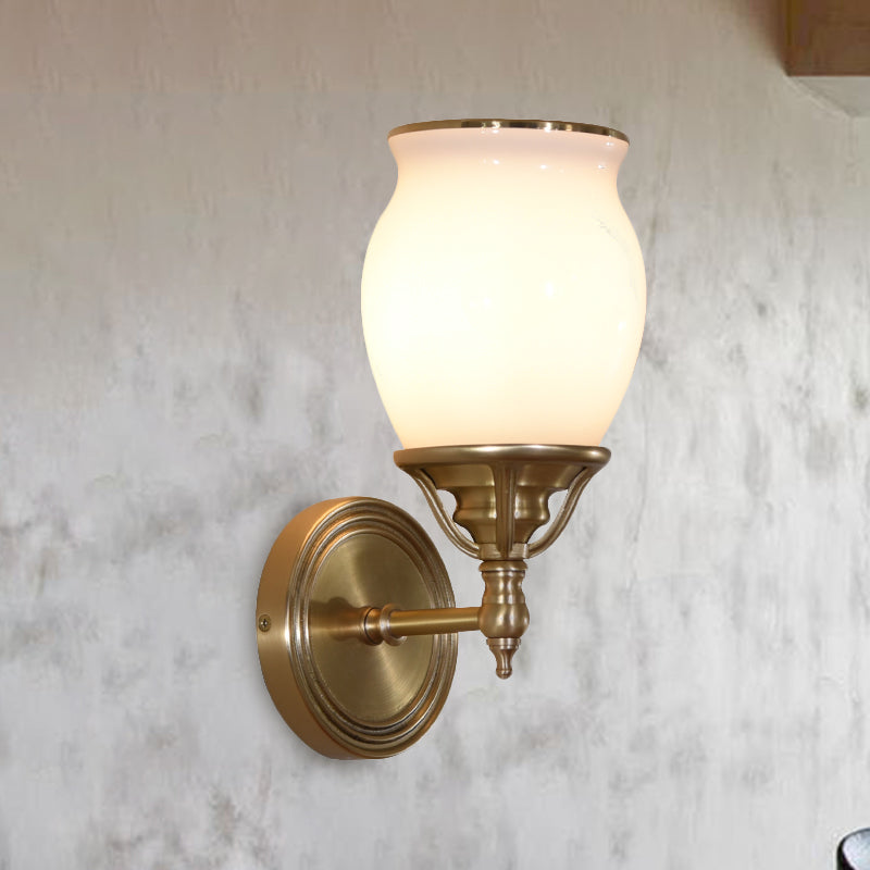 Opal Glass Colonial Sconce Lamp 1-Bulb Wall Light Fixture With Brass Finish - Metal Accents Ideal
