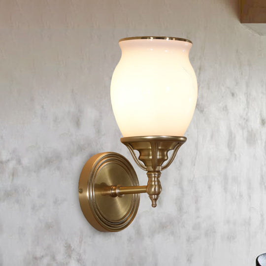 Opal Glass Colonial Sconce Lamp 1-Bulb Wall Light Fixture With Brass Finish - Metal Accents Ideal