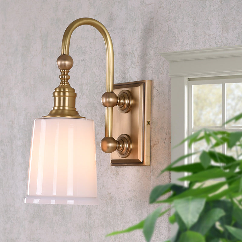 Colonial White Conical Bathroom Sconce Light With Clear Bubble Glass And Brass Wall Lamp