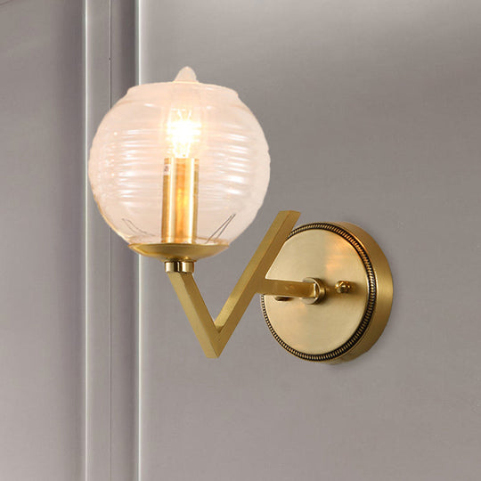 Vintage Gold Colonial Glass Sconce With Ribbed Texture And V-Shaped Metal Arm 1 /