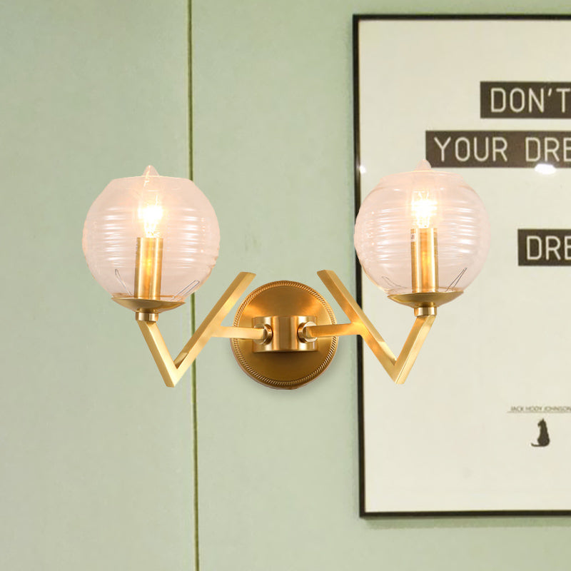 Vintage Gold Colonial Glass Sconce With Ribbed Texture And V-Shaped Metal Arm