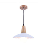 Industrial Scalloped Metal Hanging Pendant Light With Wooden Cap - Bedroom Suspension In White/Black