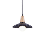 Industrial Scalloped Metal Hanging Pendant Light With Wooden Cap - Bedroom Suspension In White/Black