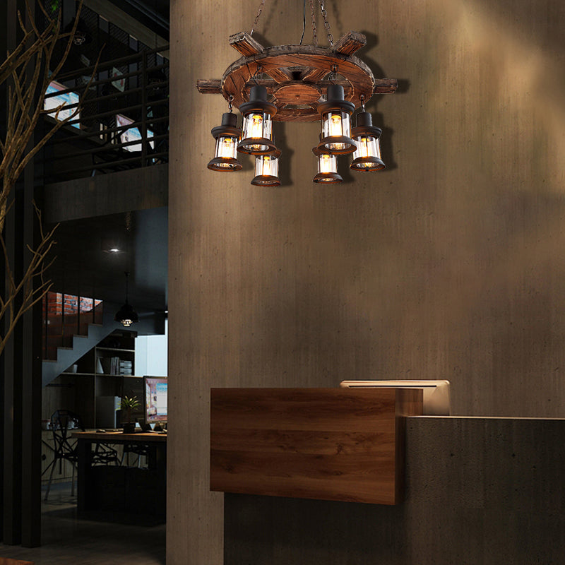 Coastal Metal Lantern Restaurant Chandelier - 6-Light Black Pendant Lamp With Wooden Rudder