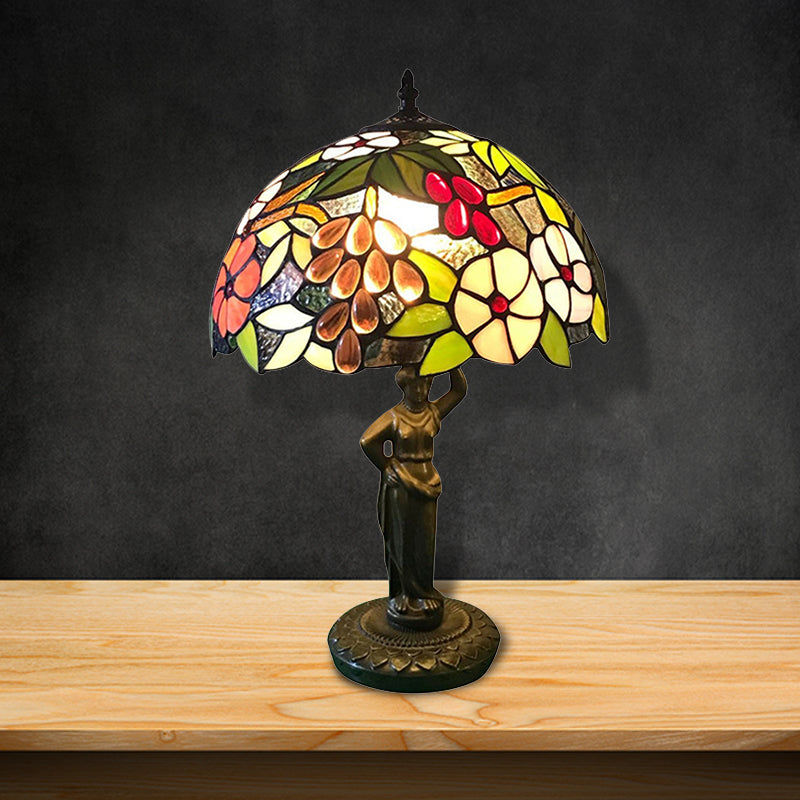 Tiffany Stained Glass Desk Lamp With Bird/Grape/Flower Pattern And Working Women Base - Ideal For