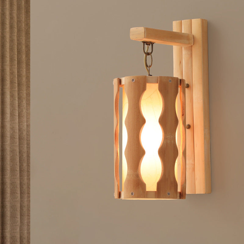 Asian-Inspired Wood Wall Mount Lamp: Single Head Khaki Sconce Light Fixture For Restaurants