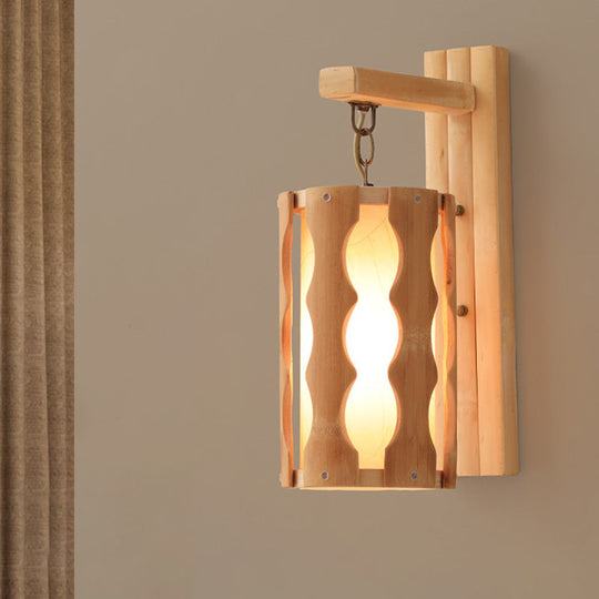 Asian-Inspired Wood Wall Mount Lamp: Single Head Khaki Sconce Light Fixture For Restaurants