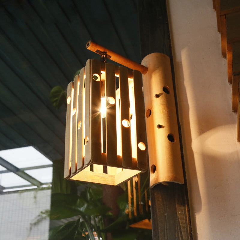 Single Head Asian Style Wood Wall Sconce With Hollow Design - Beige Living Room Lamp